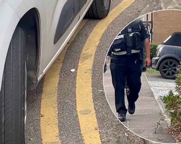 Traffic warden's car spotted parked on double yellow line while writing up tickets in Whitstable, Kent. 