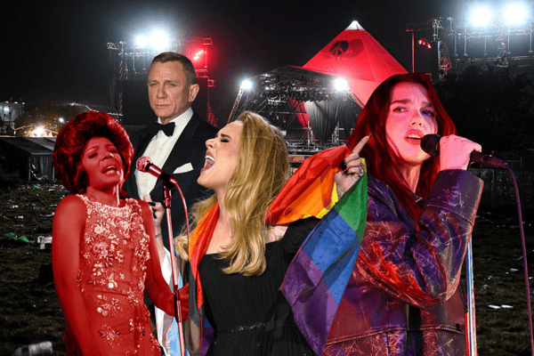 Dua Lipa [right], a headliner at this year's Glastonbury Festival, is considered the favourite to sing the next James Bond theme, potentially following in the footsteps of previous Glastonbury Festival headliners Shirley Bassey and Adele (Credit: Getty Images)
