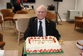 Joe Jervis with his cake as he celebrates his 101st birthday