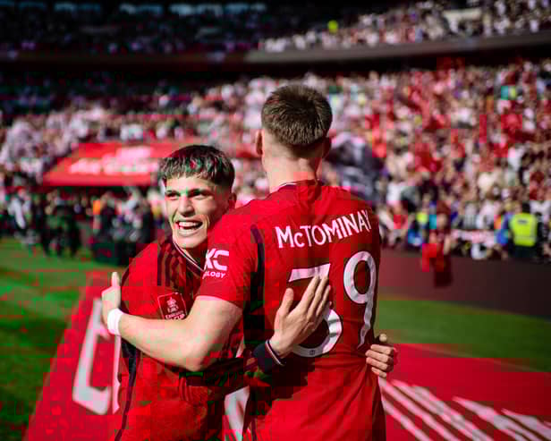 Alejandro Garnacho and Scott McTominay celebrate winning the FA Cup