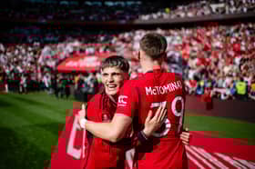 Alejandro Garnacho and Scott McTominay celebrate winning the FA Cup