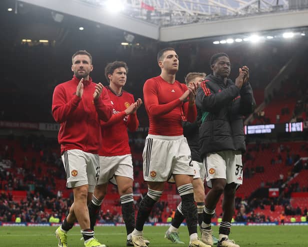 Luke Shaw, Victor Lindelof, Diogo Dalot and Kobbie Mainoo of Manchester United
