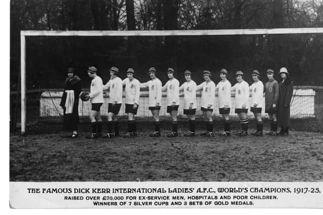 Dick Kerr Ladies, World Champions 1917-25. with Lily Parr holding the ball. Credit: Lizzy Ashcroft Collection