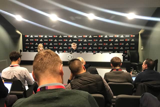 Covid-19 meant an end to in-person press conferences, such as this one with Ole Gunnar Solskjaer.