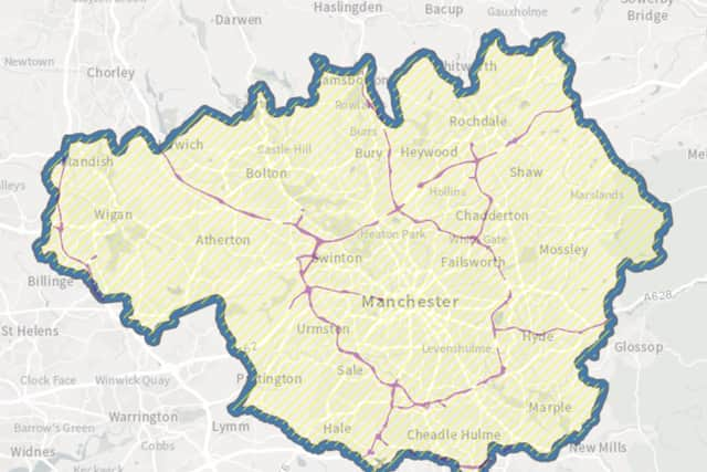 A map of the GM Clean Air Zone, showing the boundary in blue and excluded roads in purple