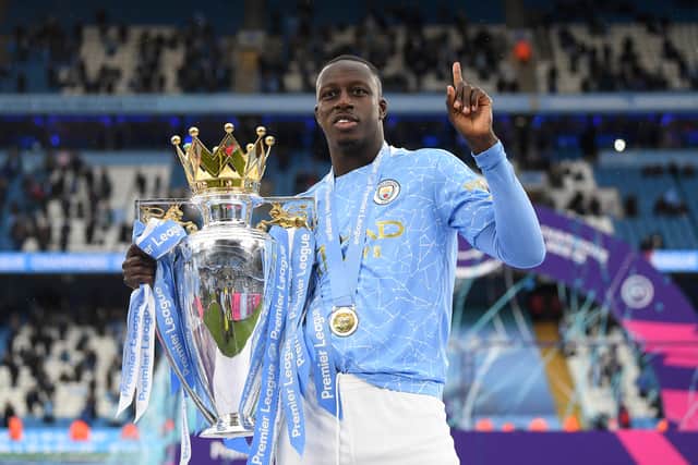 Benjamin Mendy with the Premier League trophy. Credit:Getty.