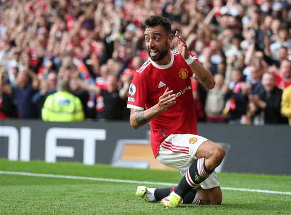 Bruno Fernandes of Manchester United celebrates after scoring the side’s first goal against Leeds Credit: Getty