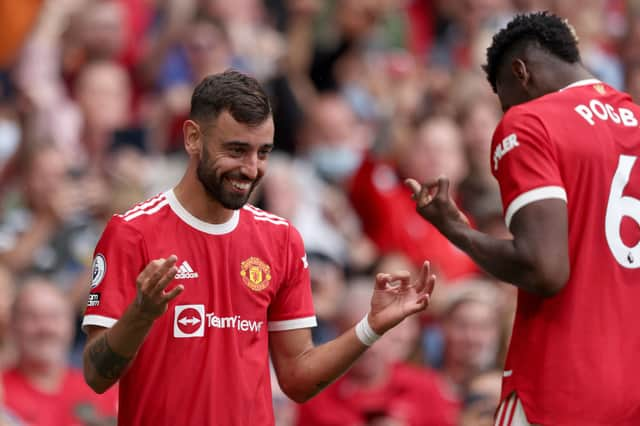 Bruno Fernandes and Paul Pogba celebrate a goal. Credit: Getty.