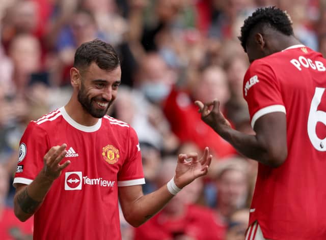 Bruno Fernandes and Paul Pogba celebrate a goal. Credit: Getty.