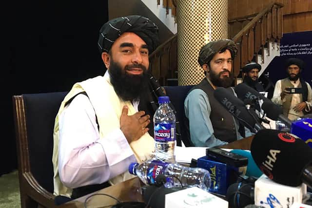 Taliban spokesperson Zabihullah Mujahid attended the group’s first press conference in Kabul on August 17. 