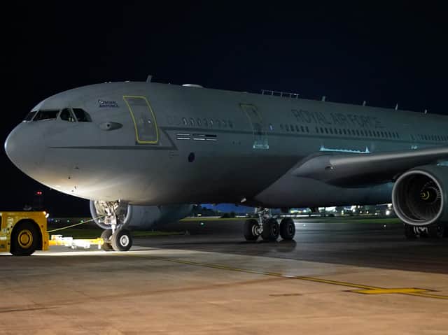 BRIZE NORTON, ENGLAND - AUGUST 17: A flight from Afghanistan arrives at RAF Brize Norton on August 17, 2021 in Brize Norton, England. A plane landed at RAF Brize Norton carrying more British nationals and Afghans from Kabul. Britain's foreign secretary Dominic Raab said the evacuation process was making progress. (Photo by Christopher Furlong - Pool / Getty Images)