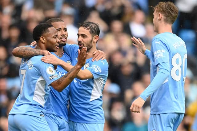 Raheem Sterling marks scoring the fourth for City Credit: Getty Images