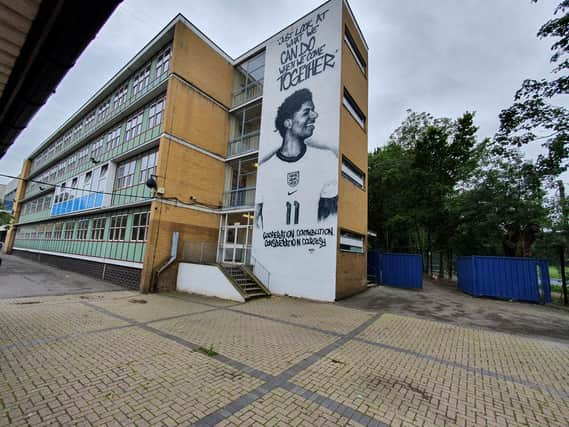 The new mural of Marcus Rashford on the side of the admin block of Highgate Wood Secondary School, in Crouch End. Credit: Highgate Wood Secondary School,