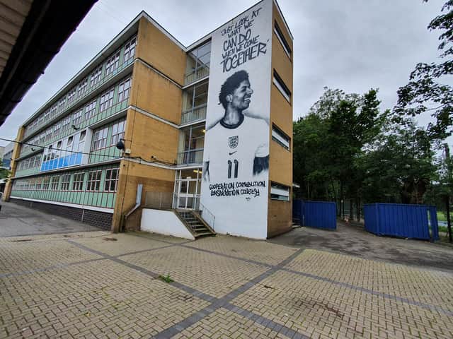 <p>The new mural of Marcus Rashford on the side of the admin block of Highgate Wood Secondary School, in Crouch End. Credit: Highgate Wood Secondary School,</p>