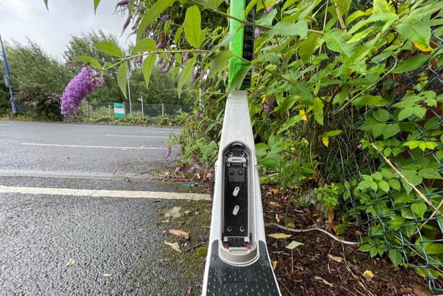 An e-scooter with a missing battery in Rochdale. Photo: National Federation of the Blind of the UK