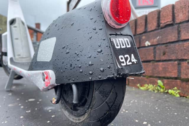 An e-scooter with a broken cable in Rochdale. Photo: National Federation of the Blind of the UK