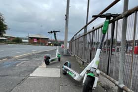 E-scooters left on the pavement in Salford. Photo: National Federation of the Blind of the UK