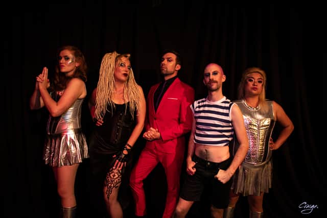 Saucy Jack and the Space Vixens. Left to right: Katy Oliver (Anna Labia), Emma Ashcroft (Chesty Prospects), Joel Dyer (Saucy Jack), Michael Loftus (Mirch Maypole), and Solaya Sang (Bunny Lingus). Photograph: Craige Barker.