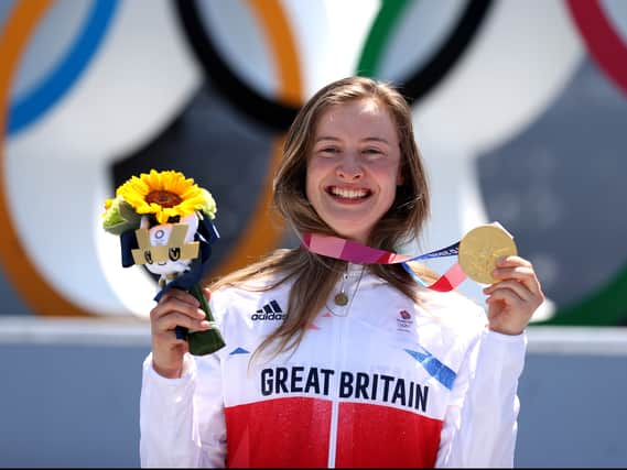 Gold medallist Charlotte Worthington after the Women’s Park Final at the Tokyo 2020 Olympic Games at Ariake Urban Sports Park. Photo by Ezra Shaw/Getty Images