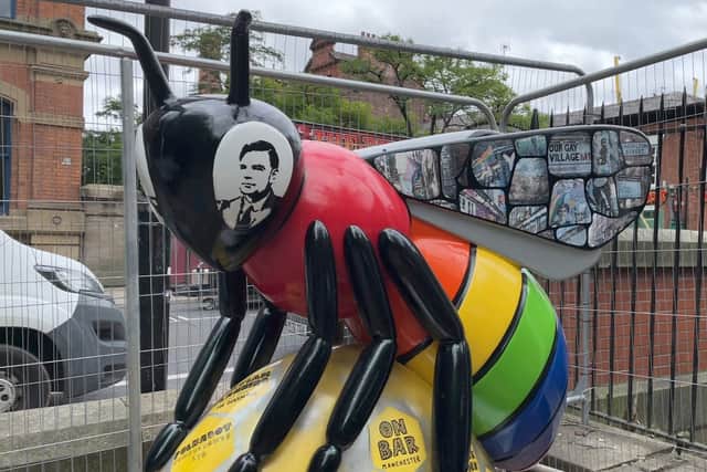 A rainbow-coloured bee as Manchester celebrates Pride weekend. Photo: Jessica Hay