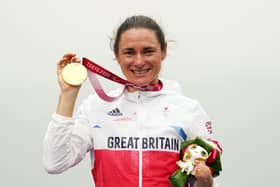 Gold medalist Sarah Storey of Team Great Britain poses on the podium at the medal ceremony for the Cycling Road Women's C5 Time Trial on day 7 of the Tokyo 2020 Paralympic Games at Fuji International Speedway on August 31, 2021 in Oyama, Japan. (Photo by Toru Hanai/Getty Images)