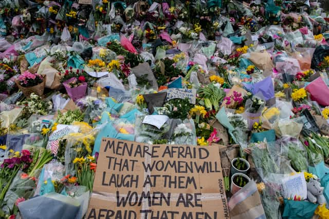 Floral tributes left at Clapham Common bandstand for Sarah Everard. Photo by Chris J Ratcliffe/Getty Images