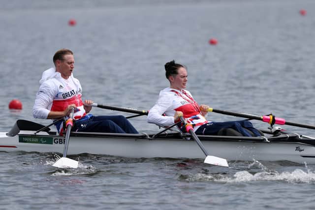 Laurence Whiteley and Lauren Rowles of Team Great Britain in the Paralympic Games rowing. Photo: Naomi Baker/Getty Images