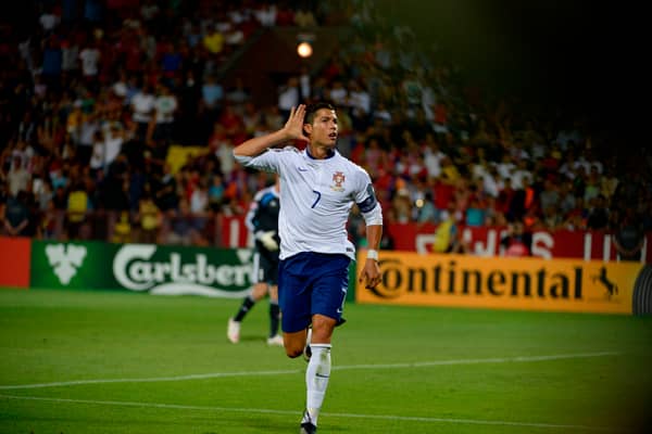 Cristiano Ronaldo celebrates a goal against Armenia. Credit: Getty.