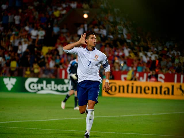 Cristiano Ronaldo celebrates a goal against Armenia. Credit: Getty.