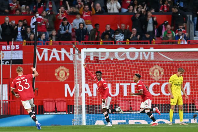 Anthony Elanga celebrates scoring for United. Credit: Getty.