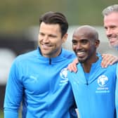 Mark Wright, Sir Mo Farah and Jamie Carragher in training  Credit: Getty Images