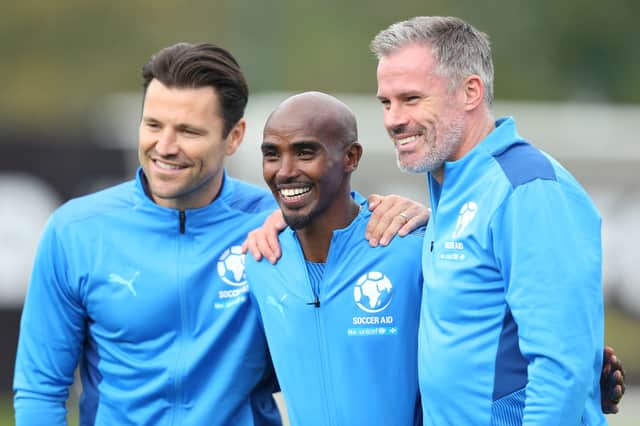Mark Wright, Sir Mo Farah and Jamie Carragher in training  Credit: Getty Images