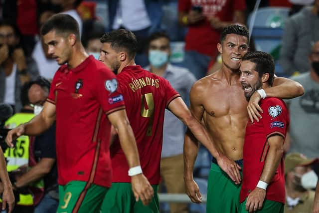 Ronaldo celebrates scoring for Portugal and breaking the international goals record. Credit: Getty.