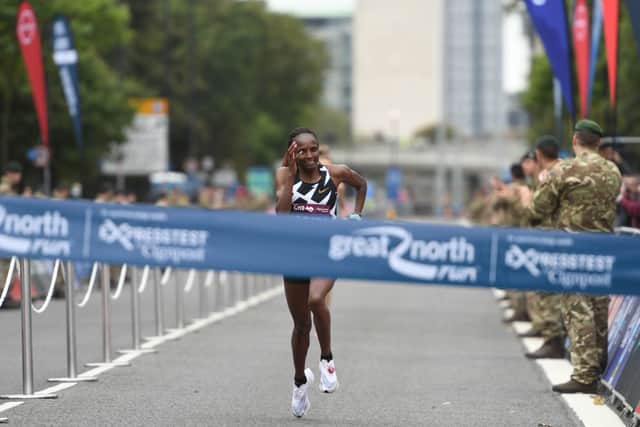 Hellen Obiri crossing the line to win the Women’s Race (Kevin Brady)
