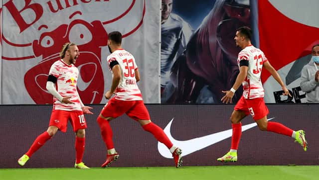 Emil Forsberg celebrates scoring for RB Leipzig. Credit: Getty.
