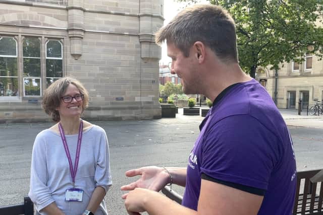 Tom Goodwin talking to Professor Rachel Lennon in Manchester