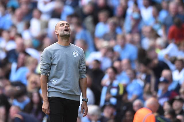 Manchester City’s Spanish manager Pep Guardiola reacts after his team is denied a goal following a VAR review during the English Premier League football match between Manchester City and Southampton at the Etihad Stadium in Manchester, north west England, on September 18, 2021. Credit: Getty.