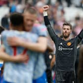 David De Gea celebrates the win for United. Credit: Getty.