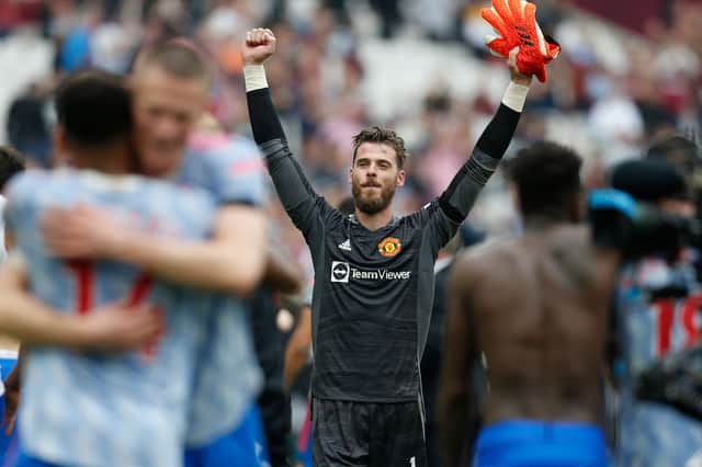 David De Gea celebrates the win for United. Credit: Getty.