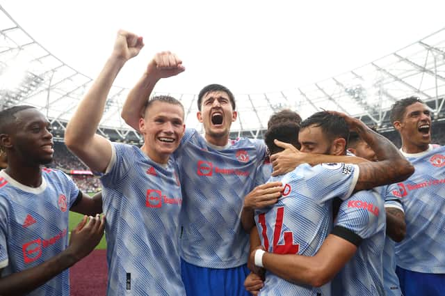 Manchester United players celebrate win over West Ham. Credit: Getty.