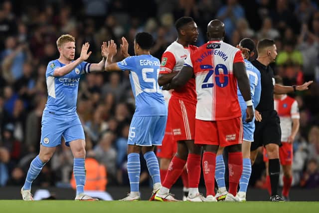 Kevin De Bruyne marks the first goal Credit: Getty Images