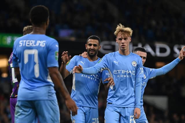 Riyad Mahrez of Manchester City celebrates after scoring the team’s fifth goal  Credit: Getty Images