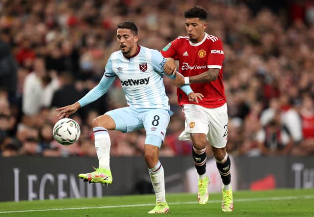 Jadon Sancho battles with Pablo Fornals of West Ham Credit: Getty Images