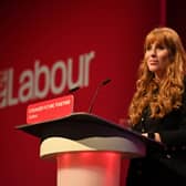Britain’s main opposition Labour Party deputy leader Angela Rayner delivers a speech on stage during the opening day of the annual Labour Party conference in Brighton (image: Justin Tallis/AFP via Getty Images)
