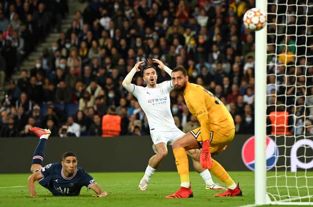 <p>Jack Grealish misses a chance for Man City. Credit: Getty.</p>