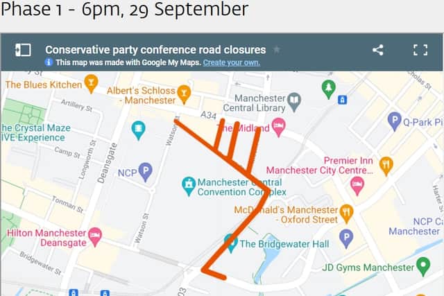 Phase  One of road closures near Conservative party conference 2021 Credit: MCC/Google maps