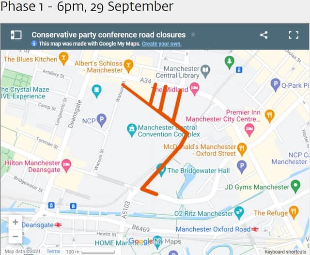 <p>Phase One of road closures near Conservative party conference 2021 Credit: MCC/Google maps</p>