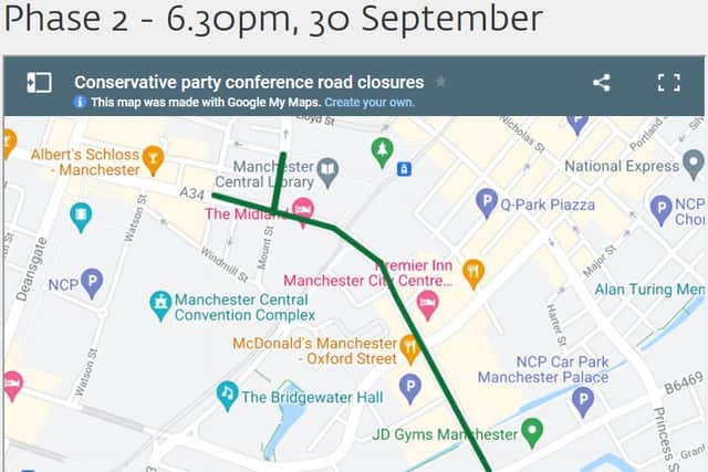 Phase 2 for Manchester road closures for Conservative party conference Credit: Google maps/MCC