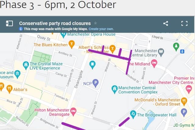 Phase 3 for Manchester road closures for Conservative party conference Credit: Google maps/MCC