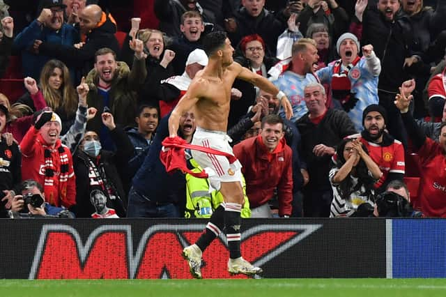 Ronaldo scores for United. Credit: Getty.